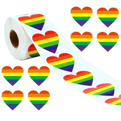Gift Craft 1.5 inch 500pcs/roll Striped Heart Shaped Love Gay Pride Rainbow Heart Ribbon Sticker