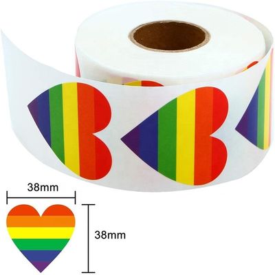 Gift Craft 1.5 inch 500pcs/roll Striped Heart Shaped Love Gay Pride Rainbow Heart Ribbon Sticker